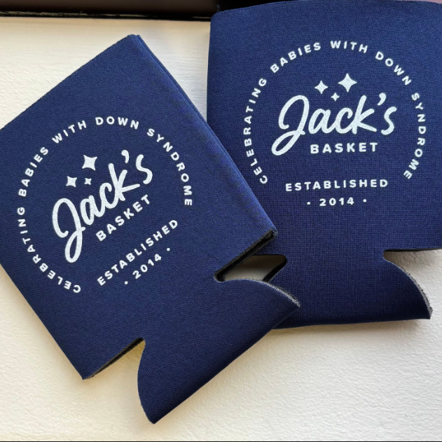 Two blue can coolers with 'Jack's Basket' branding on a light background